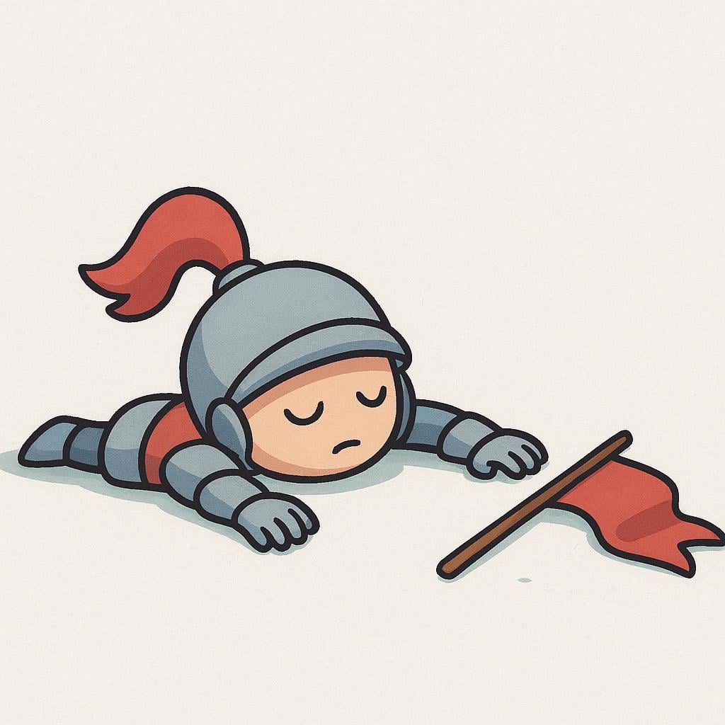 A storybook illustration of a defeated cartoon knight lying flat and still on the ground next to his fallen banner.