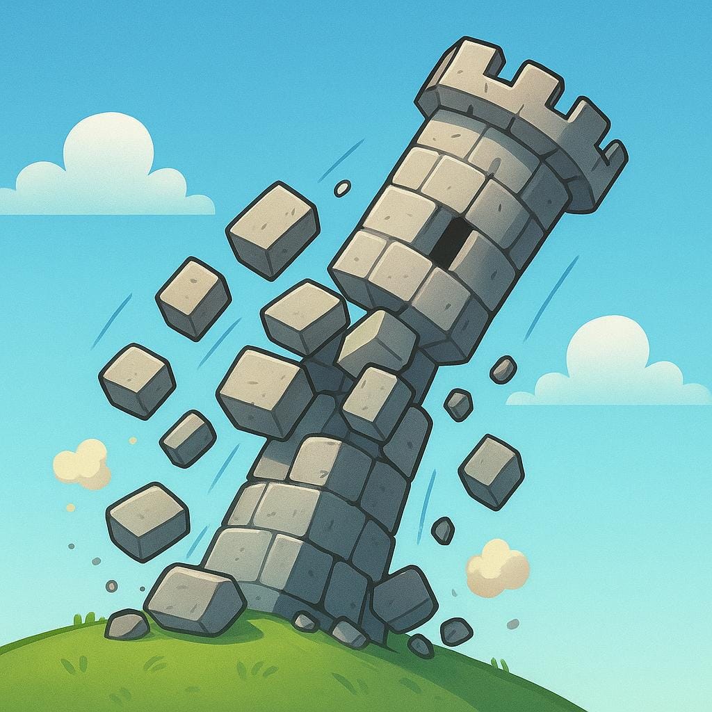 A tall, stylized stone castle tower visibly cracking and leaning sharply as it begins to crumble and collapse into rubble.