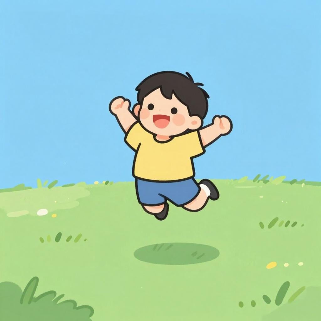 A child jumping high in the air with a big smile.