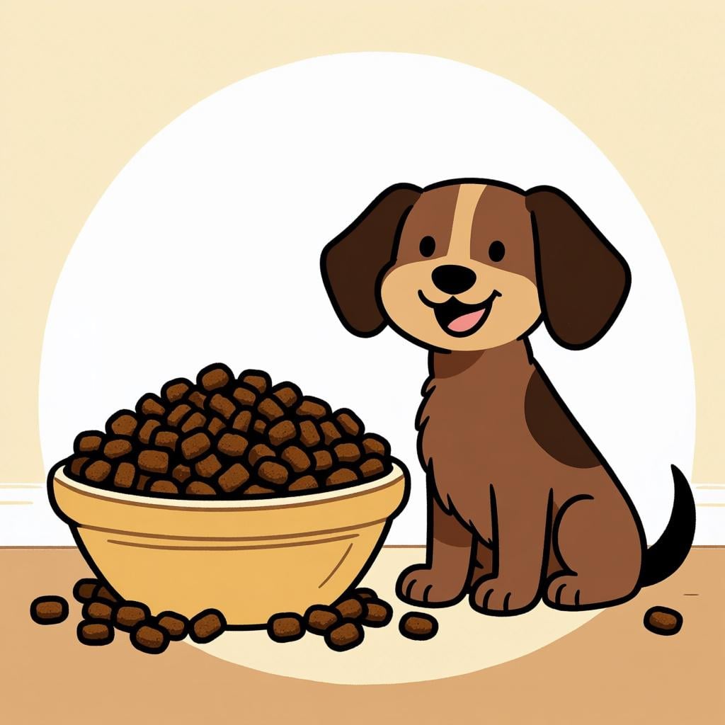 Een grote, volle kom met bruine, droge, korrelige diervoeding (pienso) die op een eenvoudige vloer staat naast een blije hond.