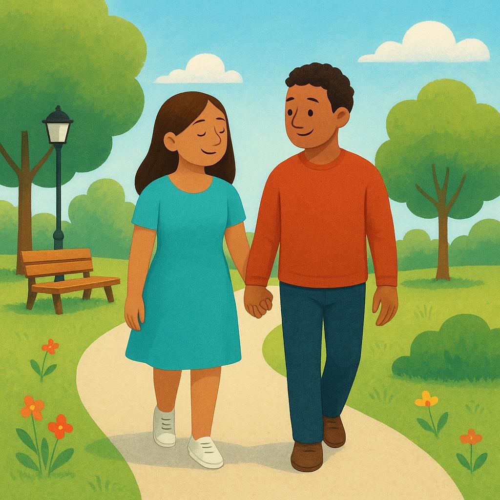A simple, colorful illustration of a loving couple holding hands while walking through a sunny green park.