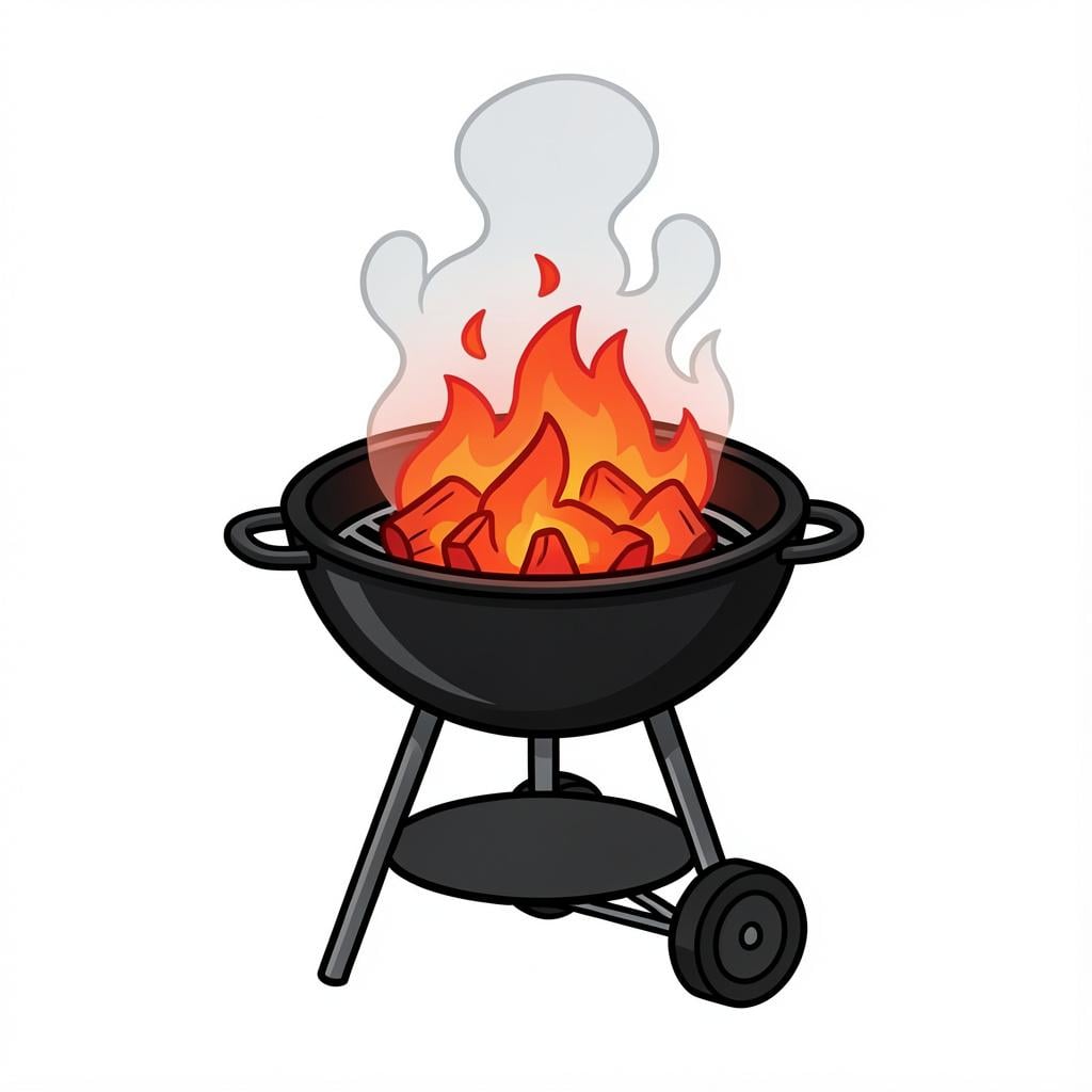 A black metal charcoal grill with smoke rising from the grates.