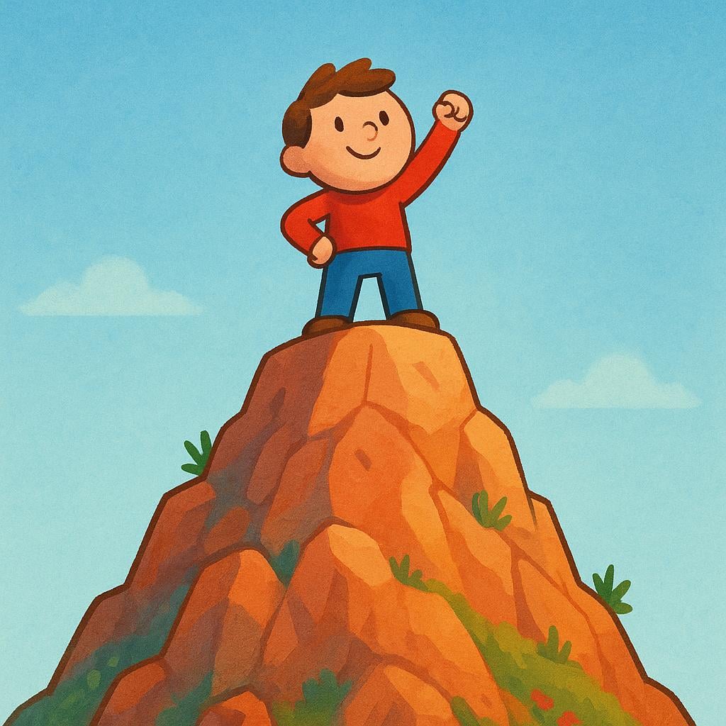 A determined figure standing on the peak of a small, steep mountain, raising one arm in triumph, symbolizing managing to achieve a goal.