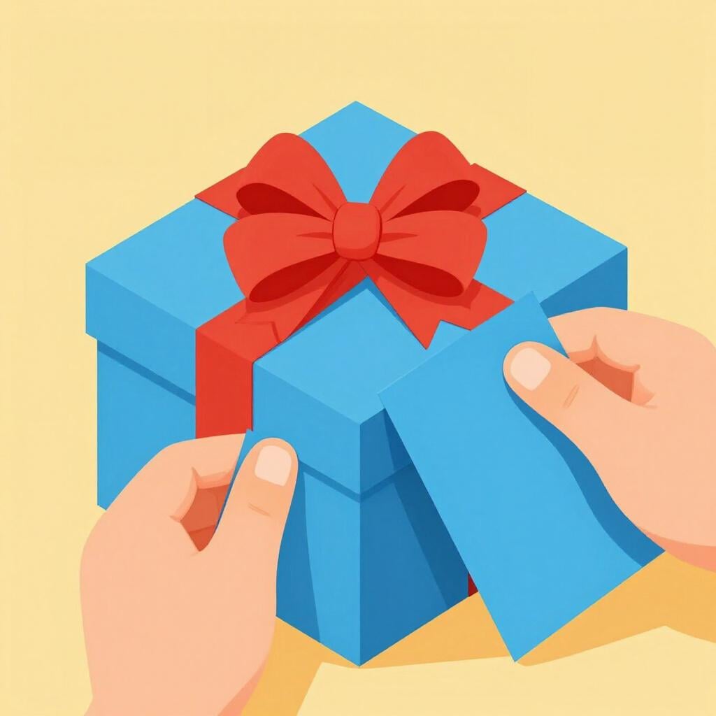 A colorful gift box being covered with bright blue wrapping paper and a red ribbon.