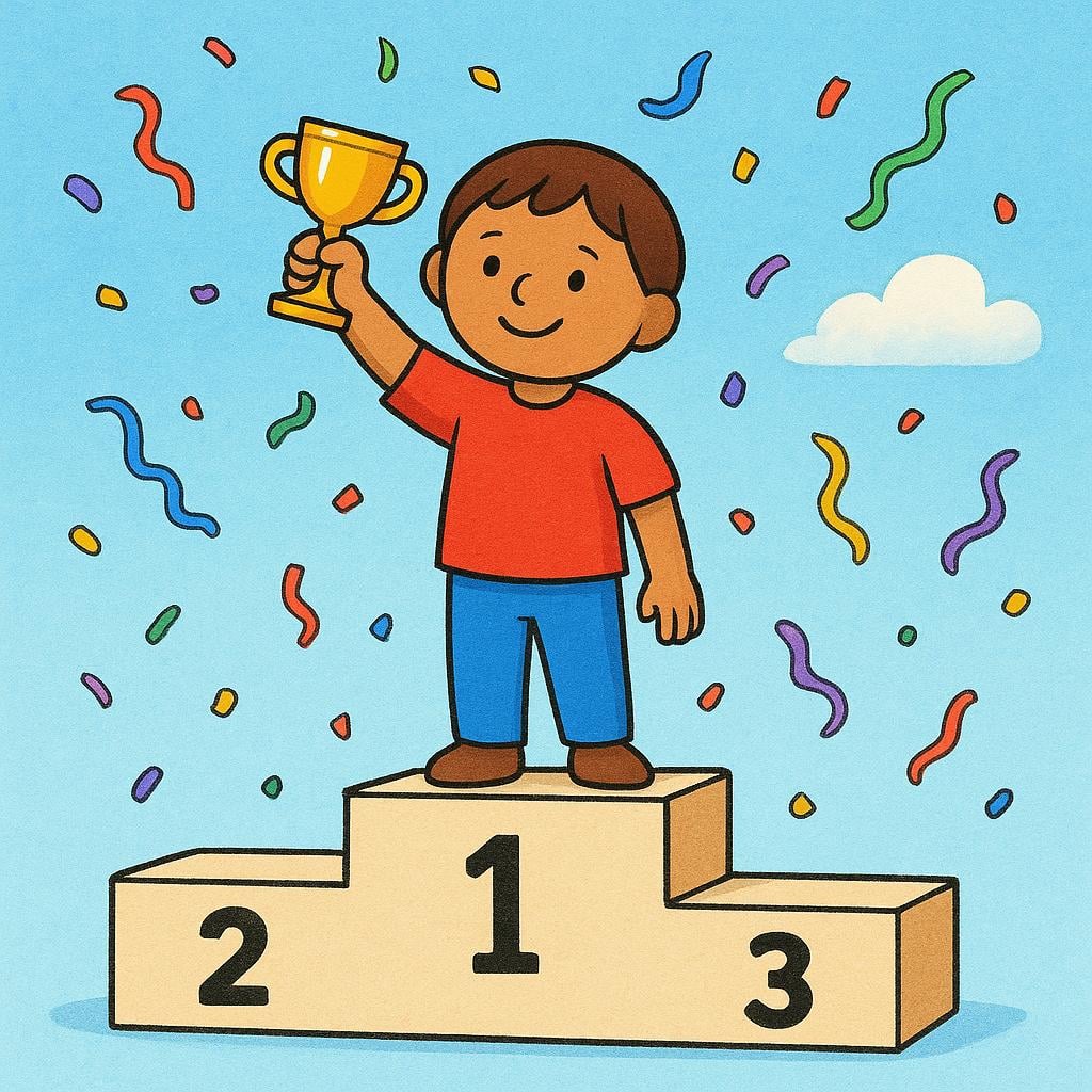 A storybook illustration showing a person standing on the highest step of a winner's podium, holding a gold cup high above their head, signifying victory.