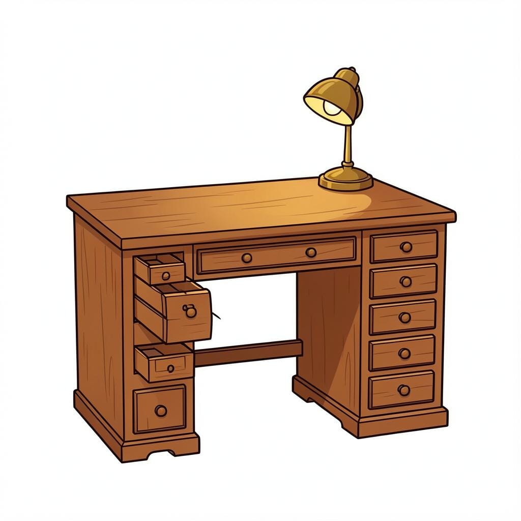 A classic wooden writing desk with small drawers and a lamp.