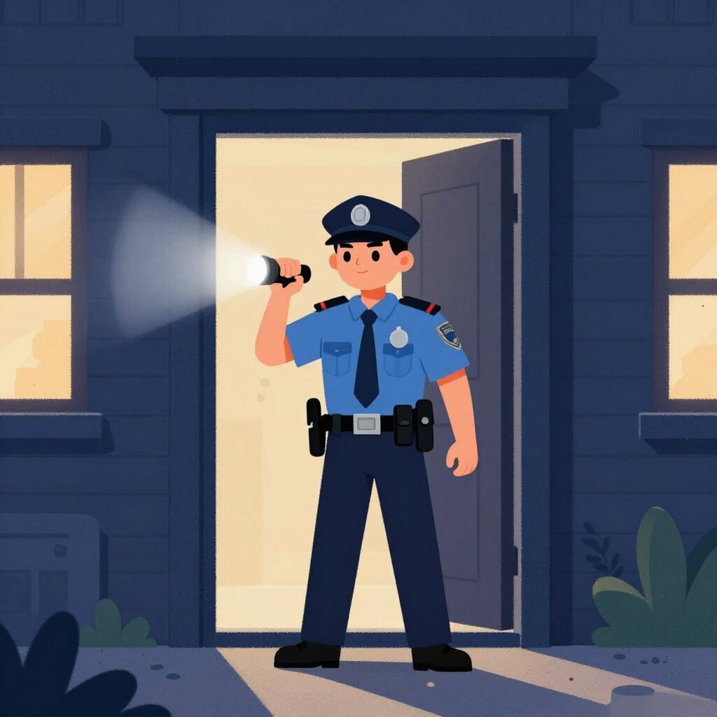 Een politieagent die tijdens een inval met een zaklamp bij de open deur van een gebouw staat.