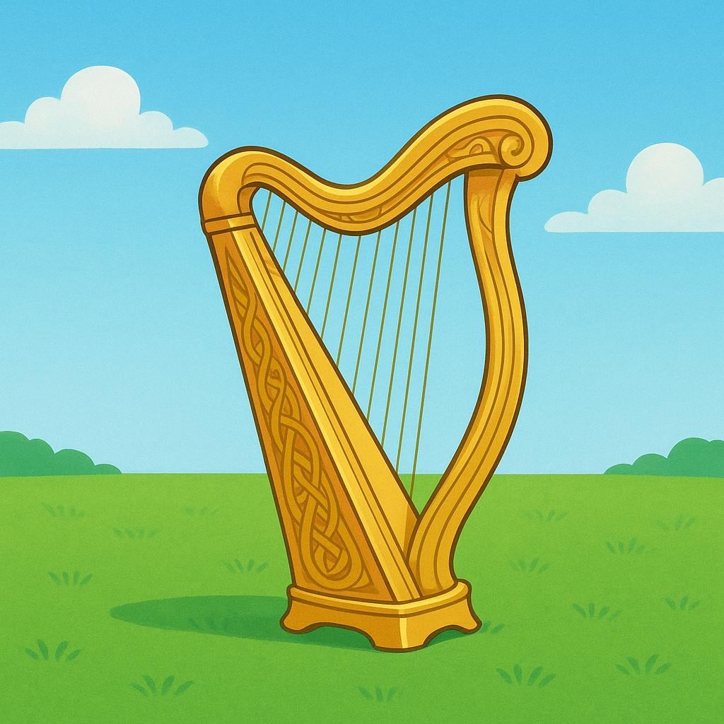 A simple illustration of a golden Celtic harp resting on a vibrant green grassy field.