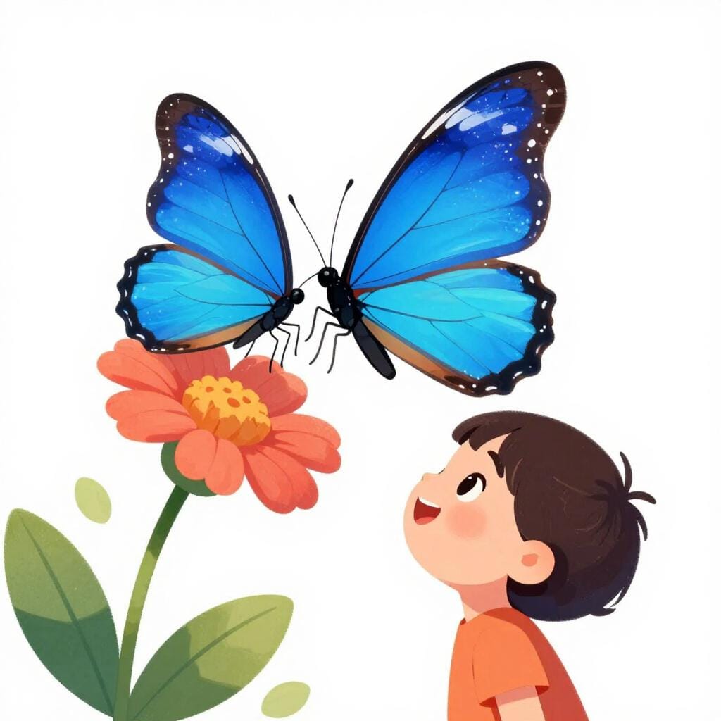 어린아이가 넓은 눈과 미소를 지으며 반짝이는 아름다운 나비를 올려다보고 있다.