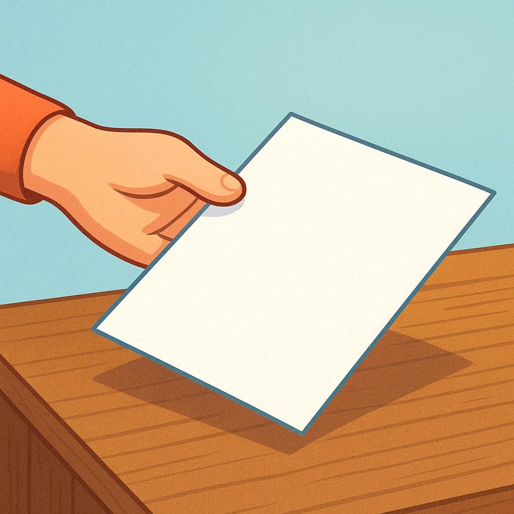 A hand placing a rectangular, blank financial document onto a wooden desk, symbolizing issuance.