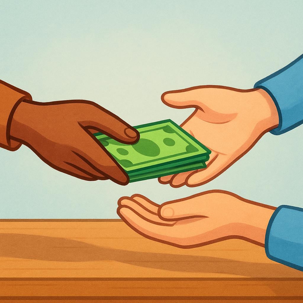 A pair of hands belonging to a bank teller placing a stack of green bills into the waiting hands of a customer over a simple counter, symbolizing withdrawal.