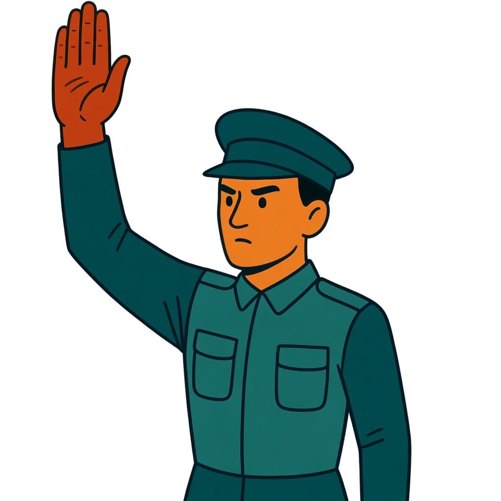 Een uniform figuur die rechtop staat met één arm recht omhoog, palm naar voren gericht, in een krachtig, non-verbaal bevel om te stoppen.
