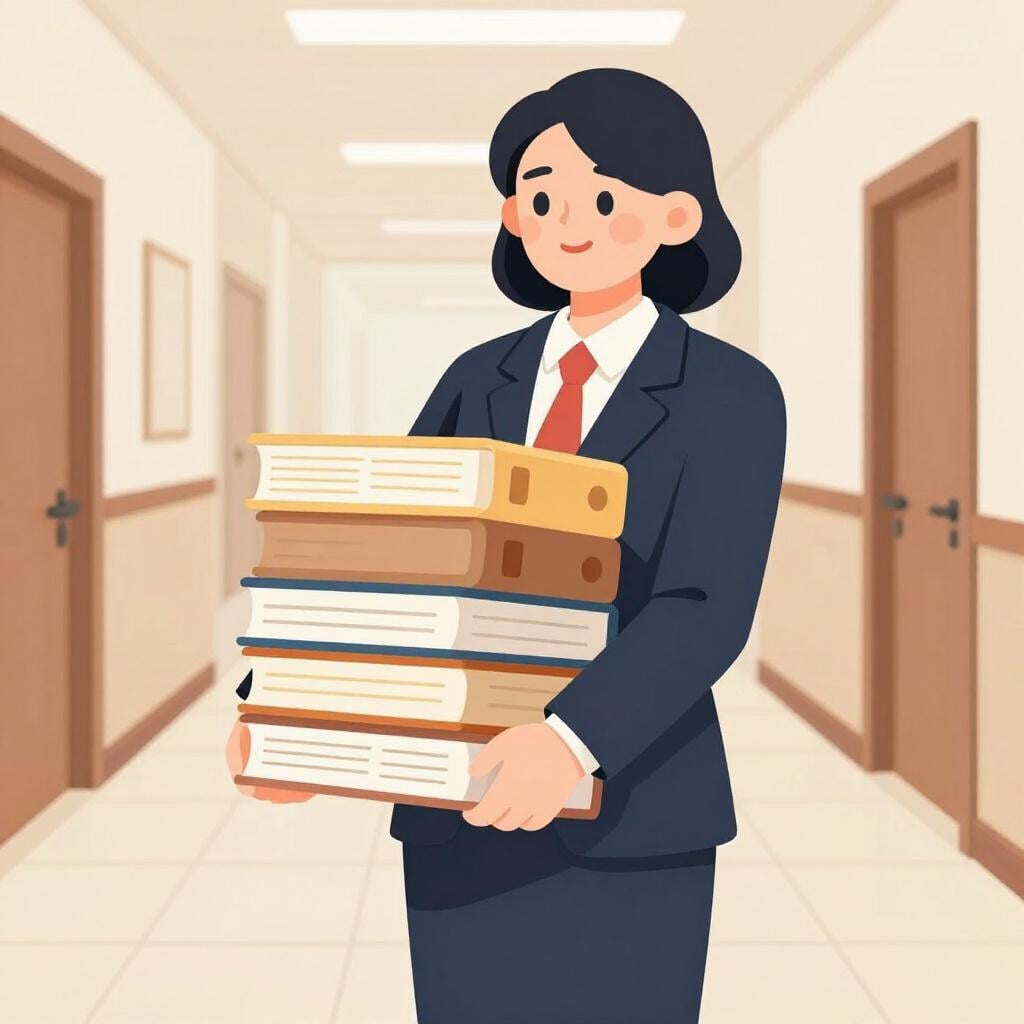 Een persoon in een professioneel pak die een dikke stapel juridische documenten en mappen vasthoudt in een gang van het gerechtsgebouw.