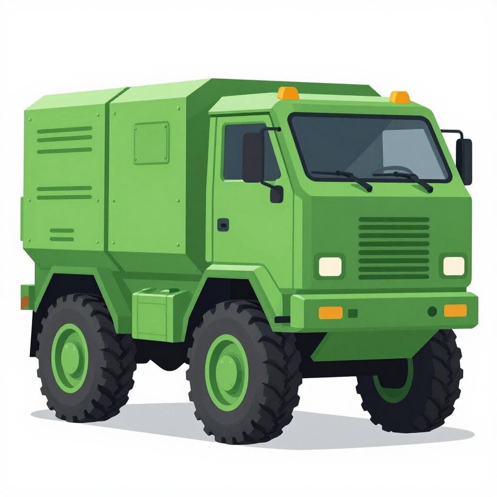 A sturdy, green military truck with thick armored walls and heavy wheels.