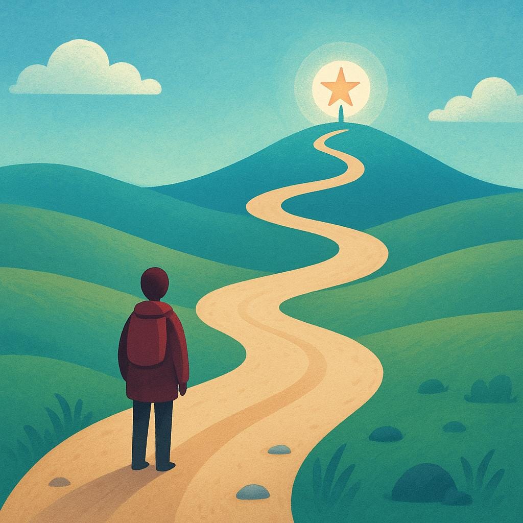 A solitary figure standing at the beginning of a winding, clearly defined path that leads up a slight hill toward a distant, glowing, stylized symbol, representing the pursuit of an abstract goal.