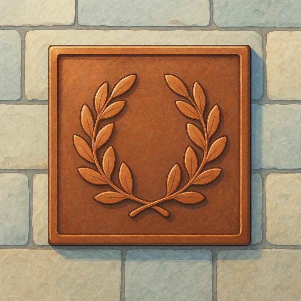A polished, rectangular bronze plaque is mounted on a stone wall. The plaque features a raised, stylized design of a laurel wreath, representing a memorial or decorative sign.