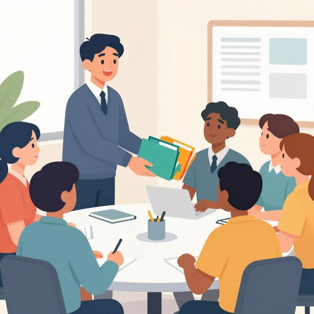 Una persona amichevole in piedi davanti a un gruppo di persone, che distribuisce compiti colorati e organizza un progetto.