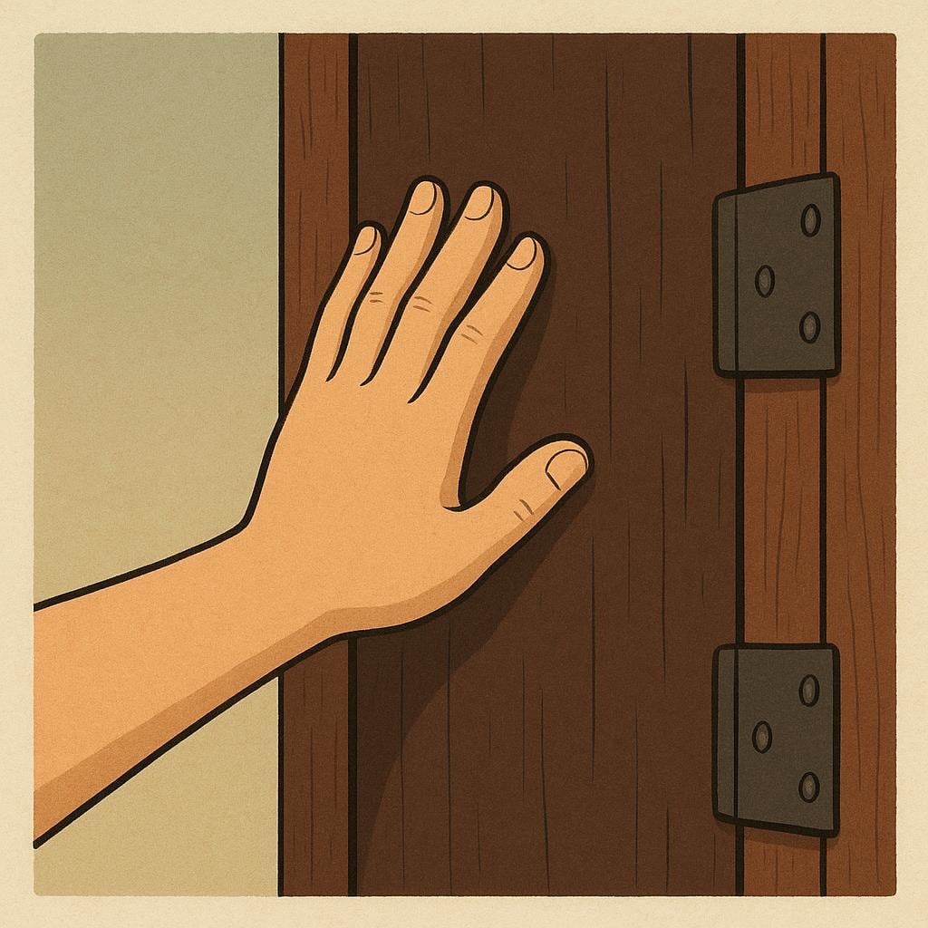 A human hand pushing a rustic wooden door closed until it meets the door frame, completing the action of shutting it.