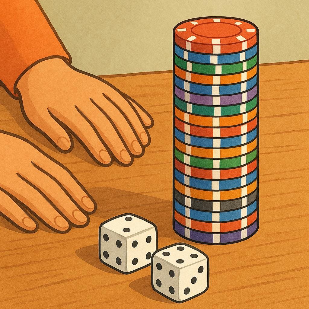 木製のテーブルの接写。カラフルな賭けチップの山と一組の白いサイコロが写っており、リスクとギャンブルを表している。