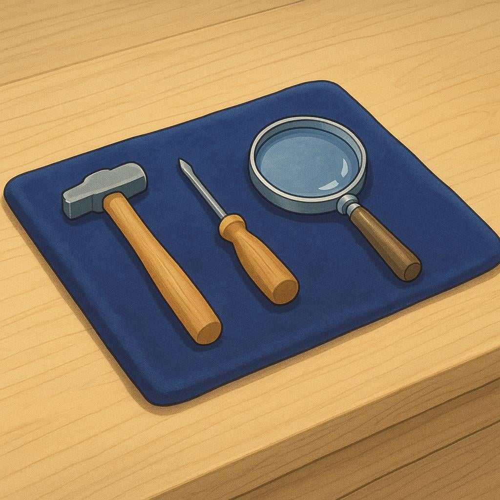 An extremely clean, organized wooden workbench that holds only a single, specialized set of tools: a small hammer, a screwdriver, and a magnifying glass, illustrating exclusive or specialized use.