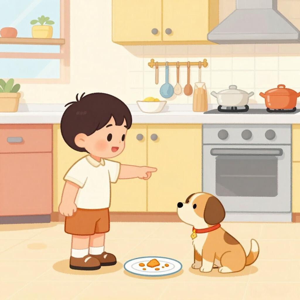 아이가 쿠키를 반쯤 먹고 배고픈 듯한 개를 바라보고 있는 모습.