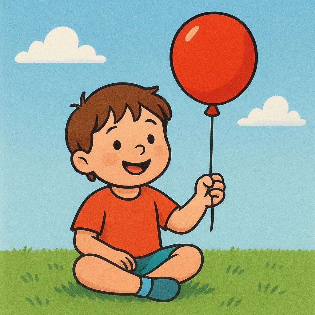 A happy child is sitting on green grass, actively holding the string of a bright red balloon.