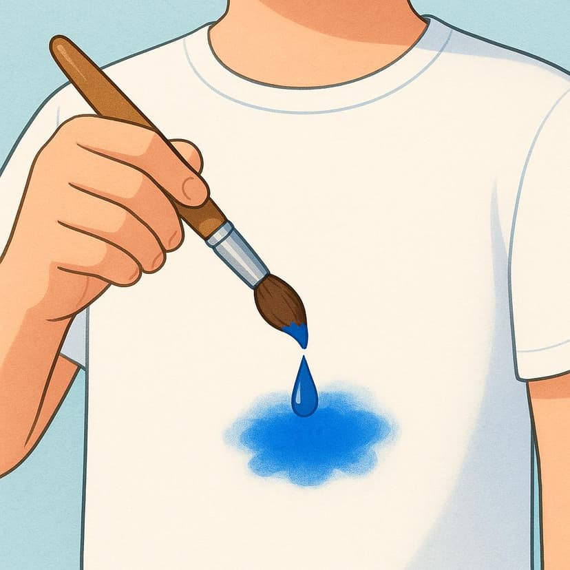 A cartoon character wearing a clean white shirt is holding a paintbrush that is actively dripping dark blue paint onto the shirt, causing a fresh stain.