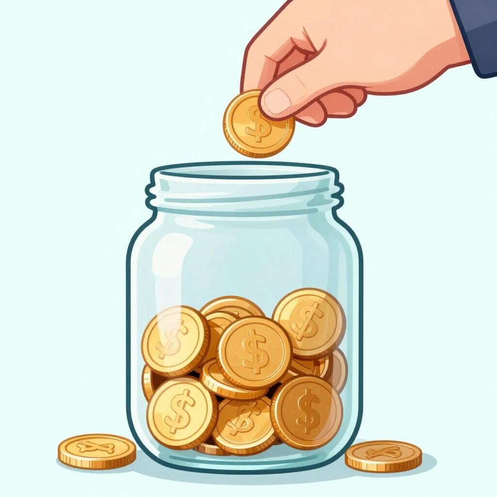 A cartoon hand dropping a shiny gold coin into a large, clear glass jar that already contains other coins.