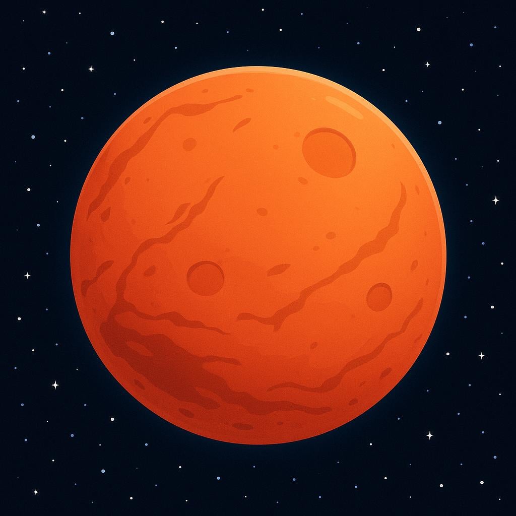 A reddish-orange spherical planet with a cratered surface, floating in the blackness of space.