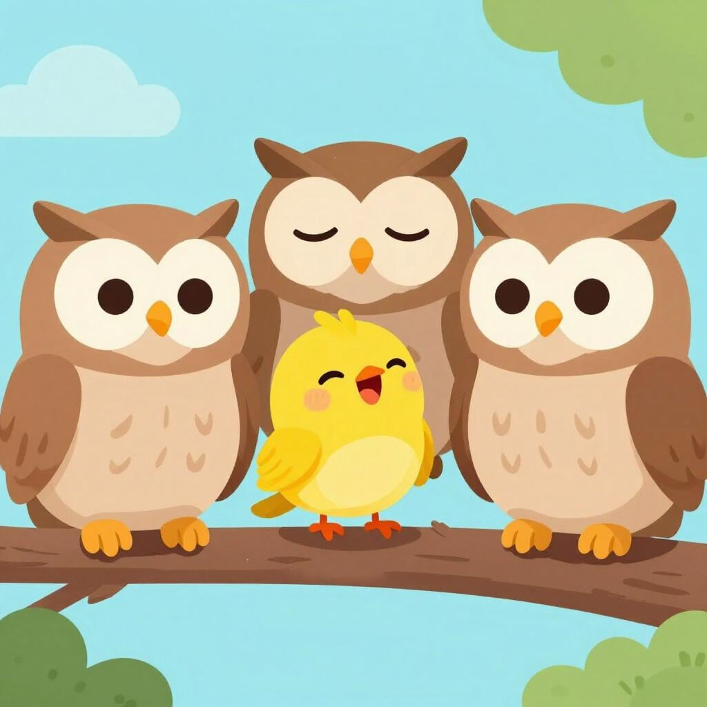 A small bird chirping loudly at a group of sleepy owls to wake them up.