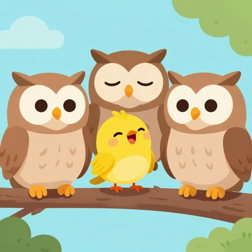 A small bird chirping loudly at a group of sleepy owls to wake them up.
