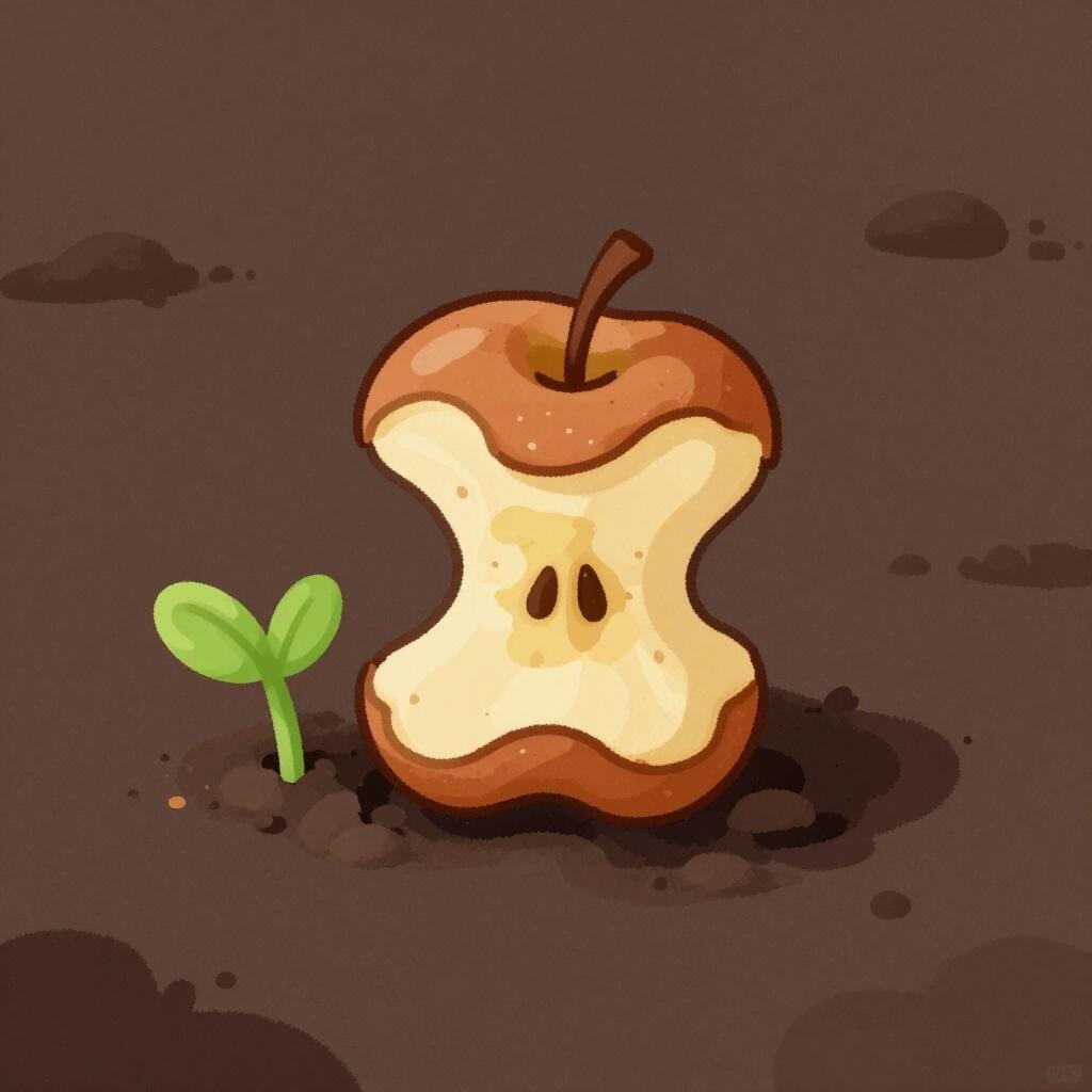 Un trognon de pomme au sol qui a bruni et commence à se ratatiner.