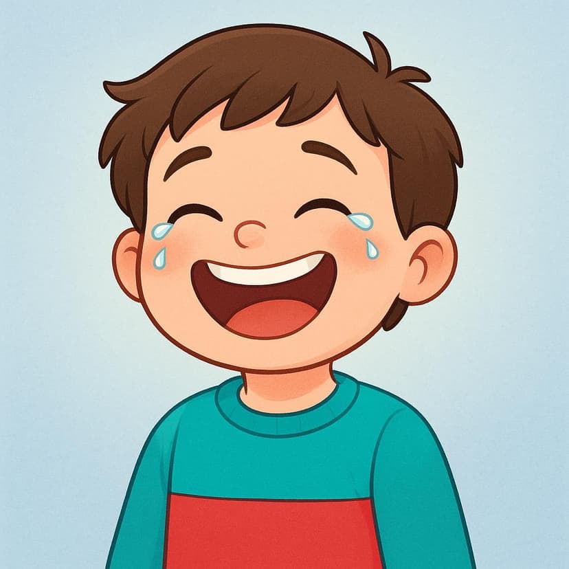 A brightly colored storybook illustration showing a young child with a wide open mouth and closed eyes, expressing deep, joyful laughter.
