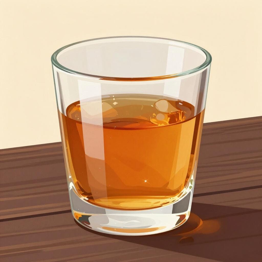 Un verre de liquide de couleur ambre posé sur une table en bois.