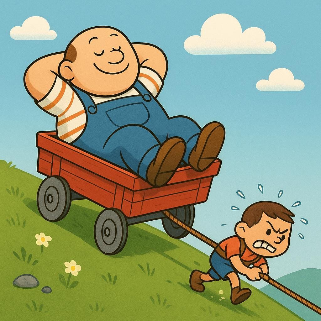 Um personagem de desenho animado grande e relaxado está sentado confortavelmente em um vagão de madeira vermelho, enquanto um pequeno personagem de desenho animado luta puxando o vagão pesado morro acima com esforço óbvio.