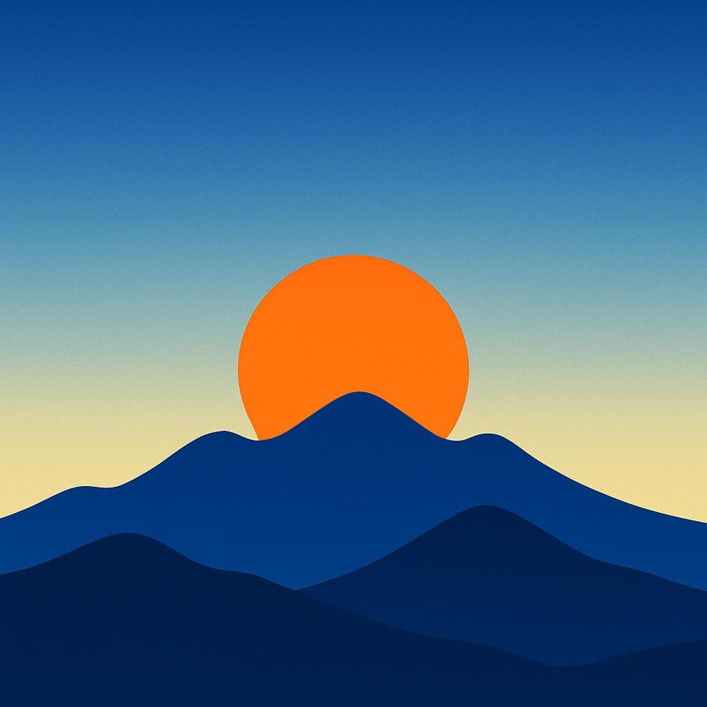 A vibrant storybook illustration showing the moment the sun begins to rise over dark mountains, transitioning the sky from dark indigo to brilliant yellow and orange.
