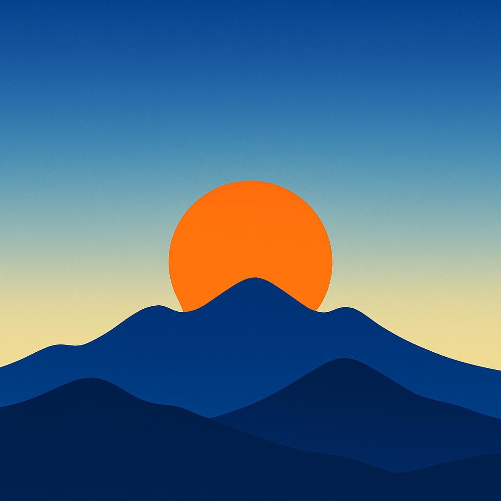 A vibrant storybook illustration showing the moment the sun begins to rise over dark mountains, transitioning the sky from dark indigo to brilliant yellow and orange.