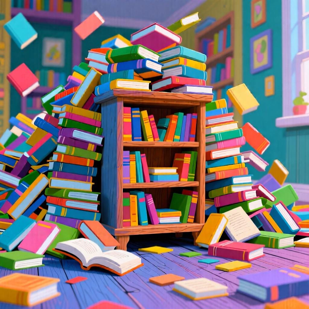 A small bookshelf completely overloaded and obscured by a massive, colorful pile of books that are spilling onto the floor.