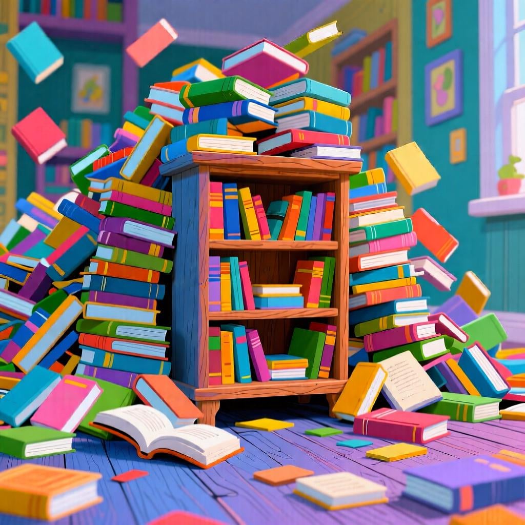 A small bookshelf completely overloaded and obscured by a massive, colorful pile of books that are spilling onto the floor.