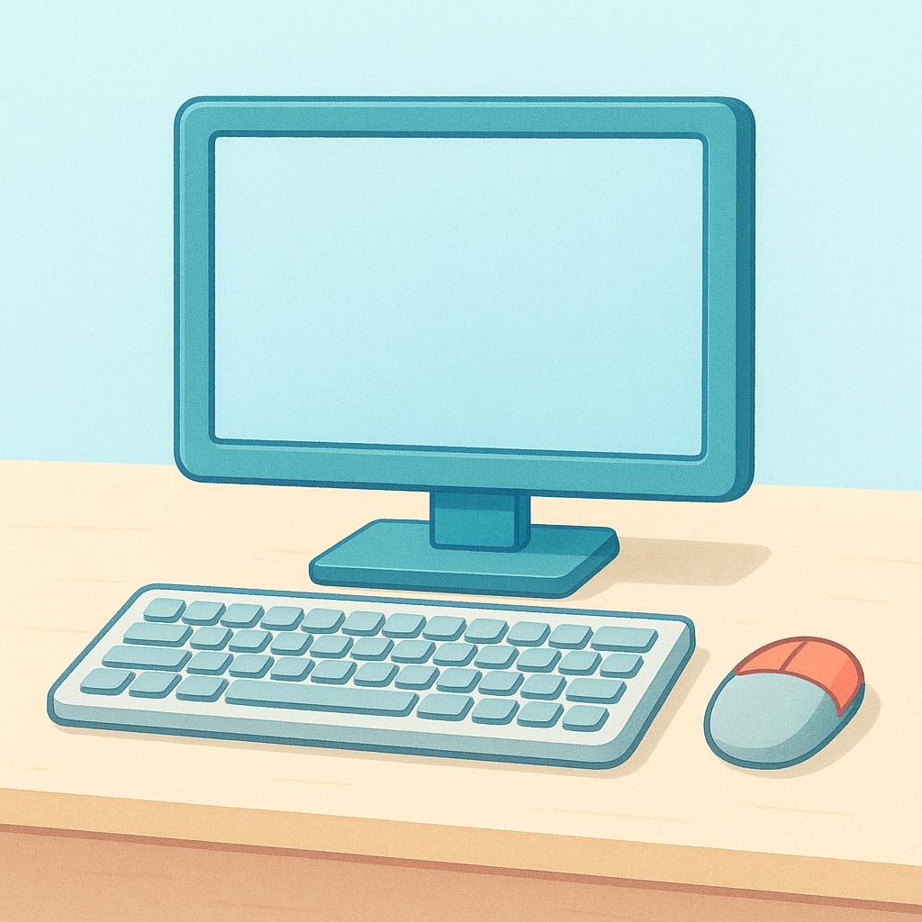 A simple colorful illustration of a desktop computer setup, including a rectangular monitor, a keyboard, and a mouse resting on a desk.