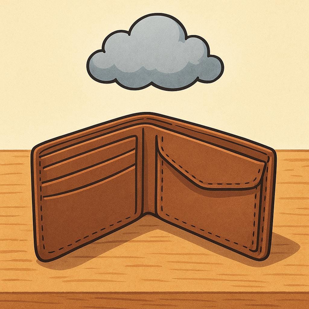 A simple brown leather wallet lying open and empty on a table, with a small, stylized grey rain cloud floating directly above it, symbolizing negative funds or debt.