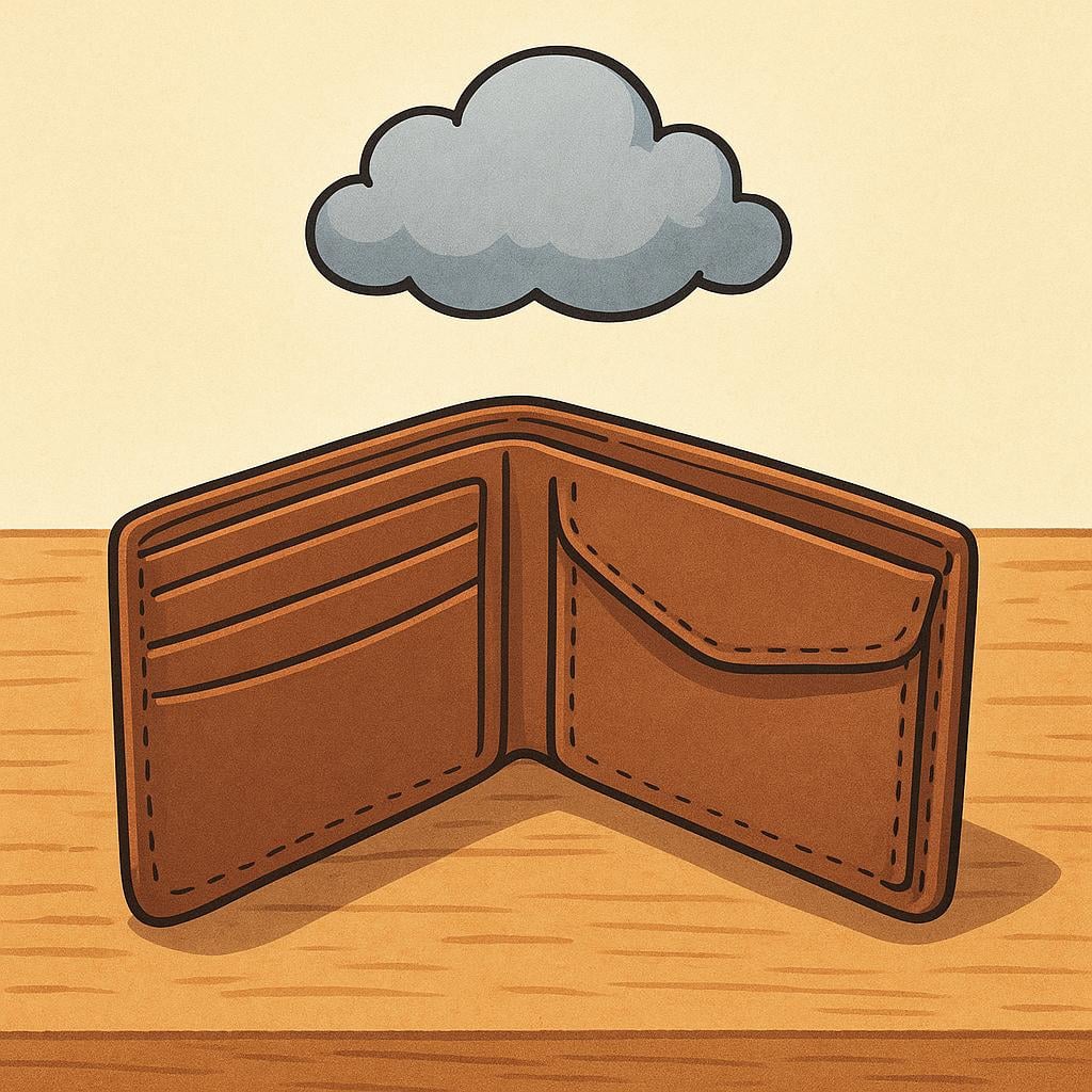 A simple brown leather wallet lying open and empty on a table, with a small, stylized grey rain cloud floating directly above it, symbolizing negative funds or debt.