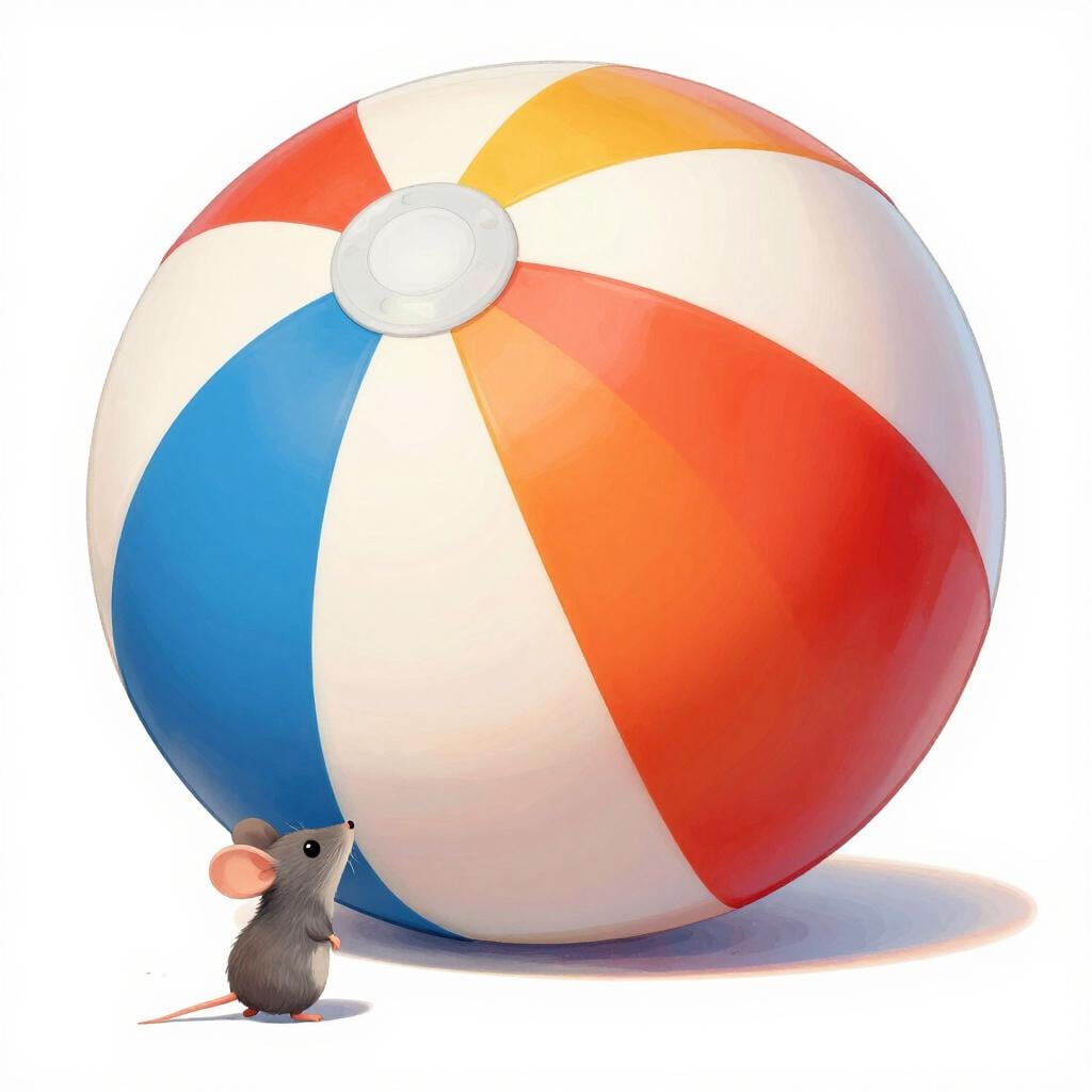 A tiny mouse standing next to a massive, colorful beach ball that towers over it like a hill.