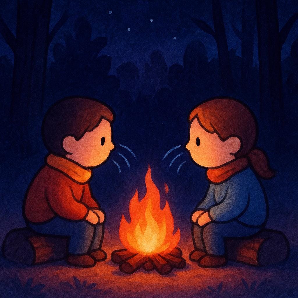 밤에 모닥불 옆에 앉아 어두운 숲에서 나는 희미한 소리에 귀를 기울이는 두 명의 작은 인물이 그려진 단순하고 다채로운 삽화.