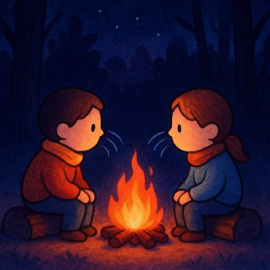 A simple, colorful illustration showing two small figures sitting by a campfire at night, tilting their heads and listening intently to faint sound waves coming from the surrounding dark woods.