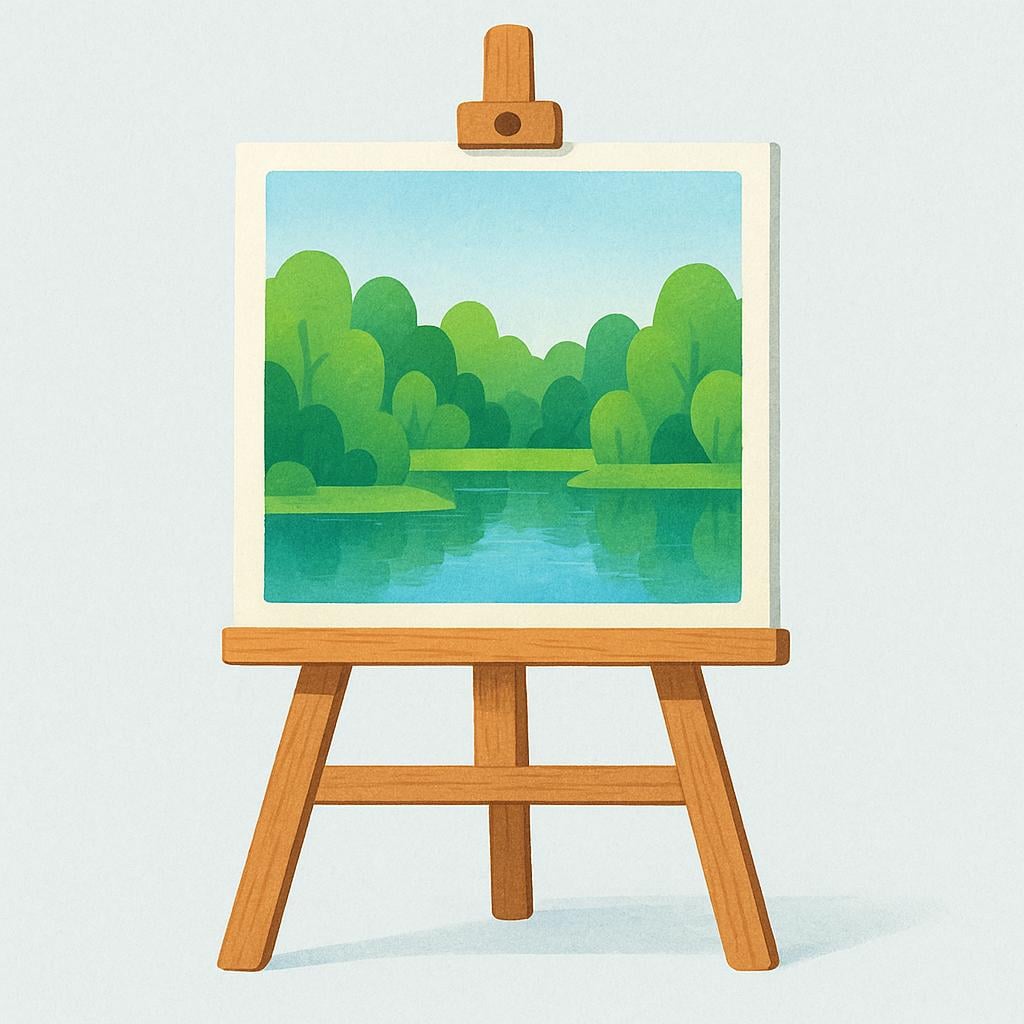 A wooden easel holding a canvas that depicts a painted scene of a forest and a small lake.
