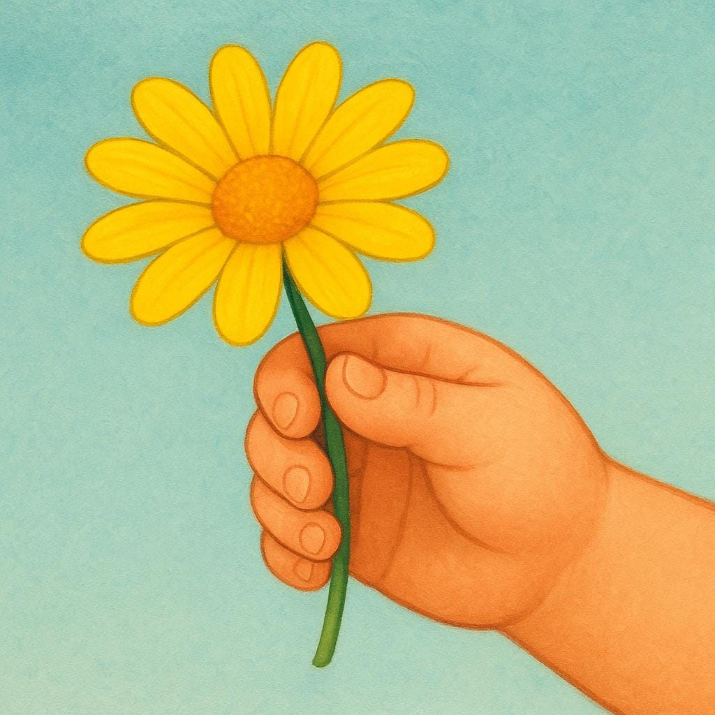 A close-up view of a child's hand gently offering a bright yellow daisy, symbolizing a genuine and sincere gesture.