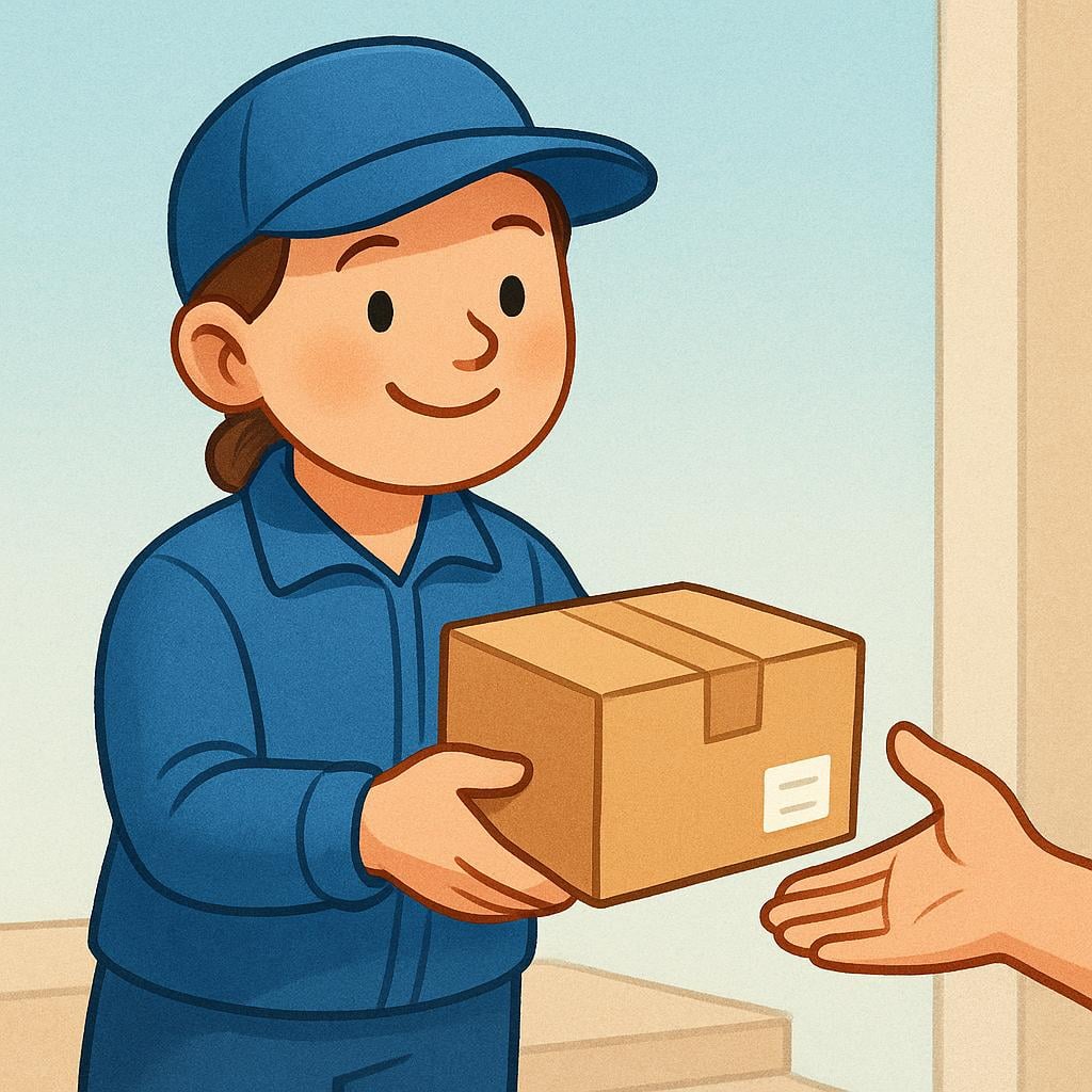 A cheerful uniformed courier holding a small brown package and handing it directly to an outstretched hand, completing a delivery.