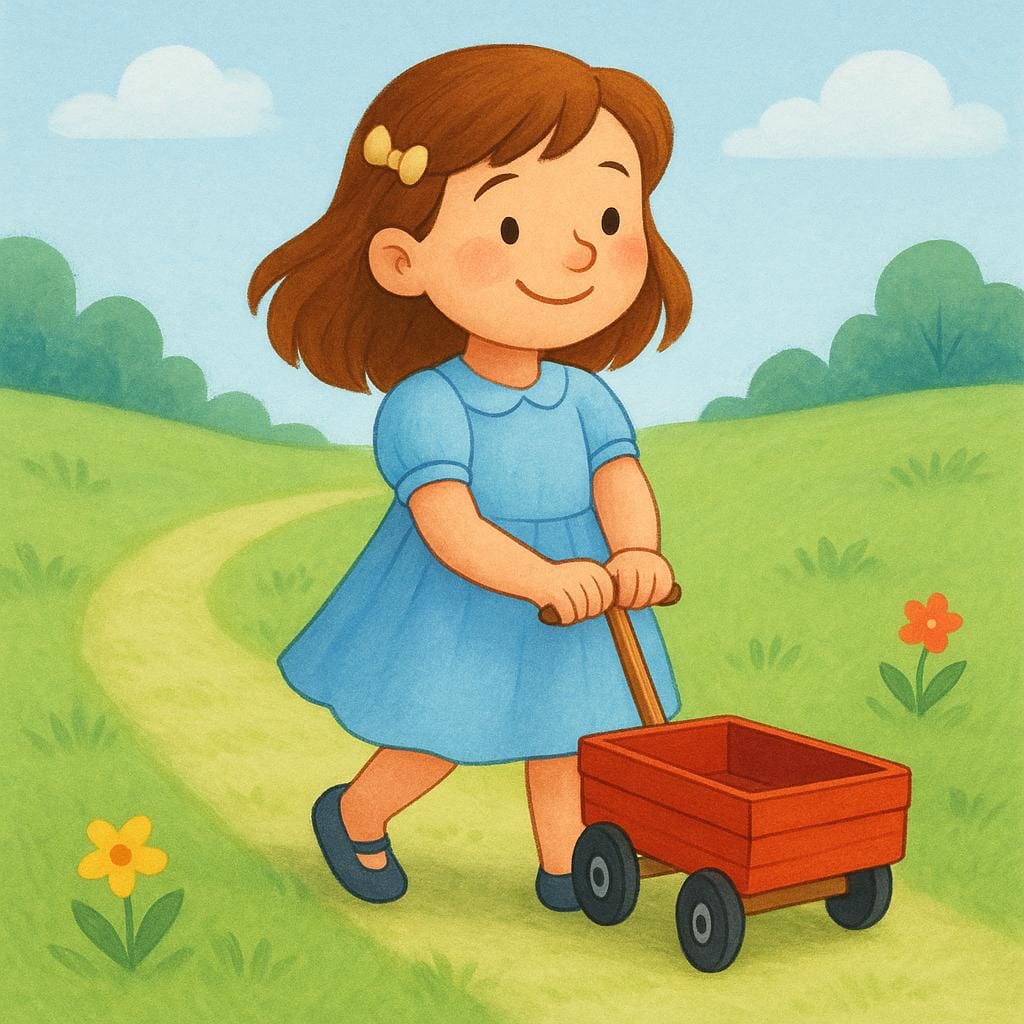 A smiling young girl walking outdoors while hugging a small, red toy wagon tightly in front of her chest, symbolizing that the item is with her.