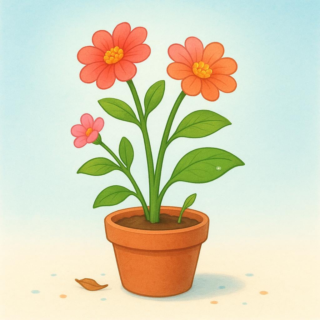 A vibrant green potted plant with bright flowers standing fully upright in the sun, showing recovery after being wilted.